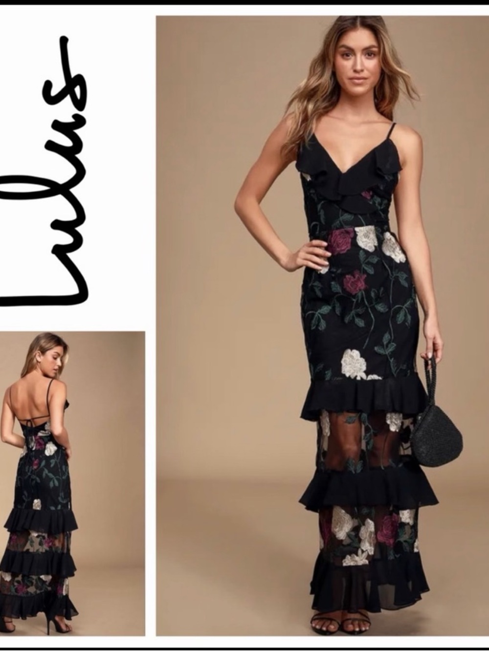Lulu's Black Floral Embroidered Ruffle Tier Maxi Dress